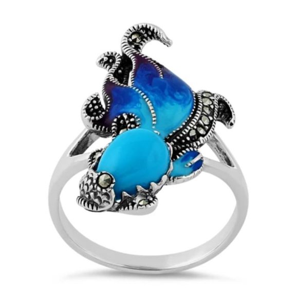 925 STERLING SILVER Simulated Turquoise Fish Ghost Marcasite Ring - Picture 16 of 16